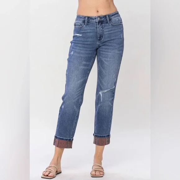 Judy Blue Paisley Bandana Cuff Distressed Ankle Jeans in Blue 88574 size 1 - Picture 2 of 7